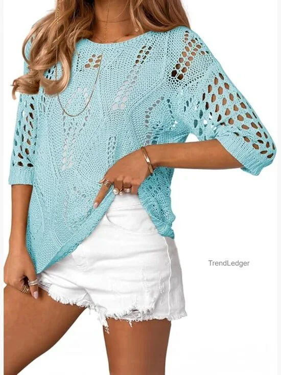 Crochet Hollow Out Pullover Sweater 3/4 Sleeve Beach Cover Up - Picture 1 of 7